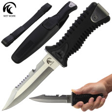 Wet Work Partially Serrated Fixed Blade Dive Knife w/Sheath- Black